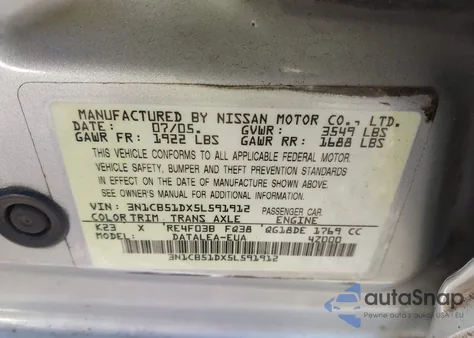 2005 Nissan Sentra 1.8S z USA, uszkodzony, nr VIN 3N1CB51DX5L591912